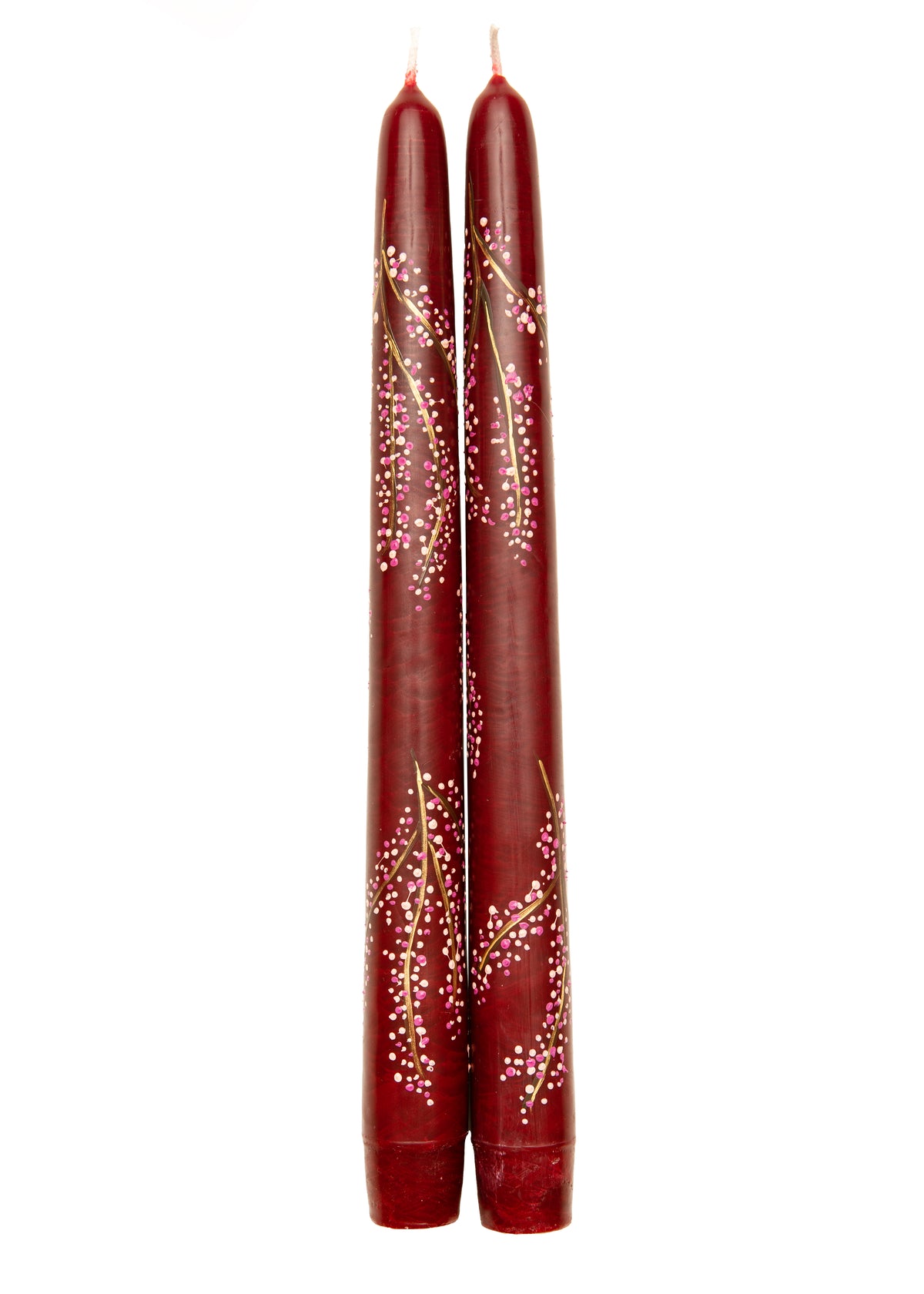 Burgundy Cherry Blossom Hand-Painted Taper Candles, Set of Two