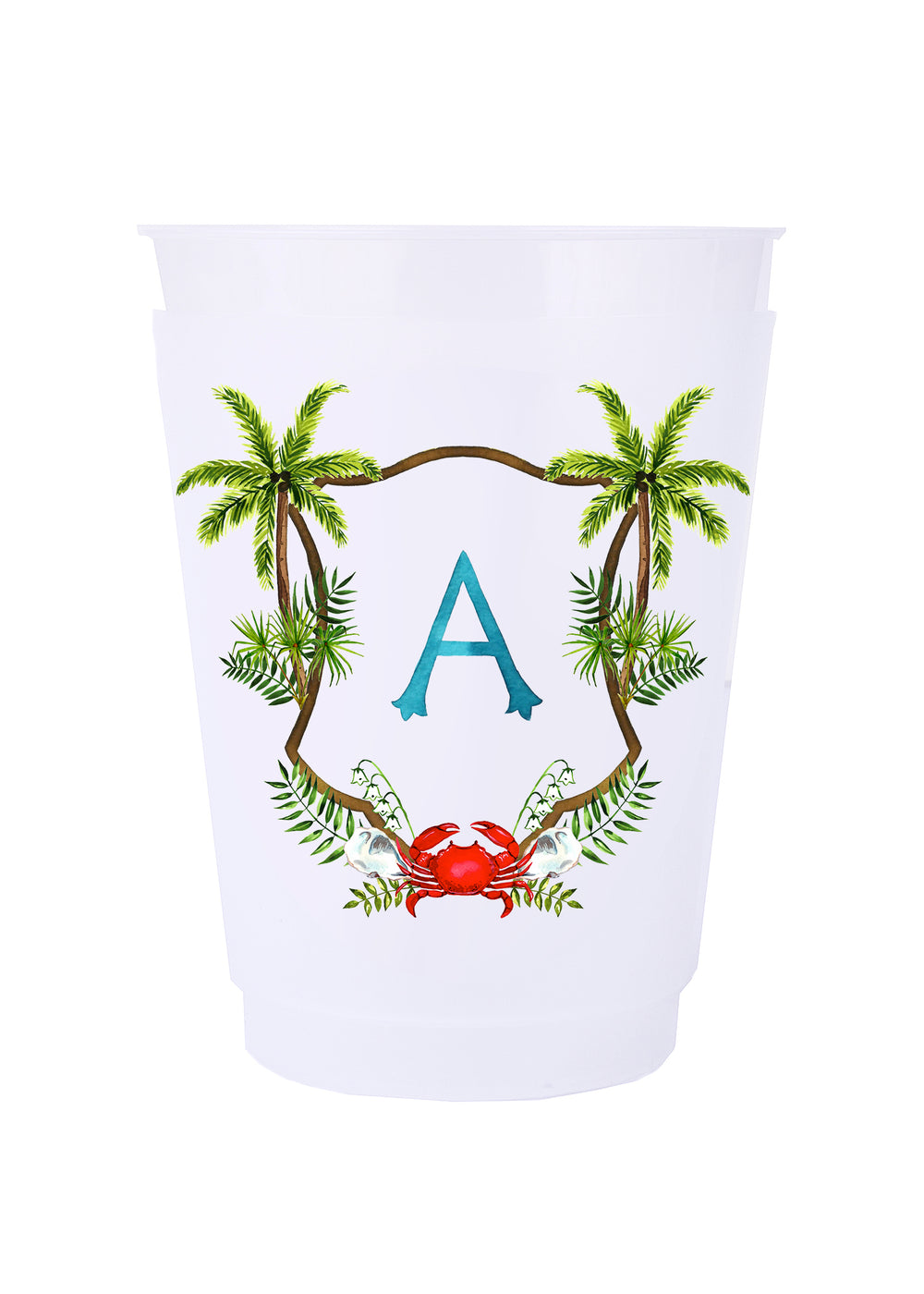 Front view of 16 oz frosted plastic cup showcasing teal initial A inside a palm-tree and crab crest