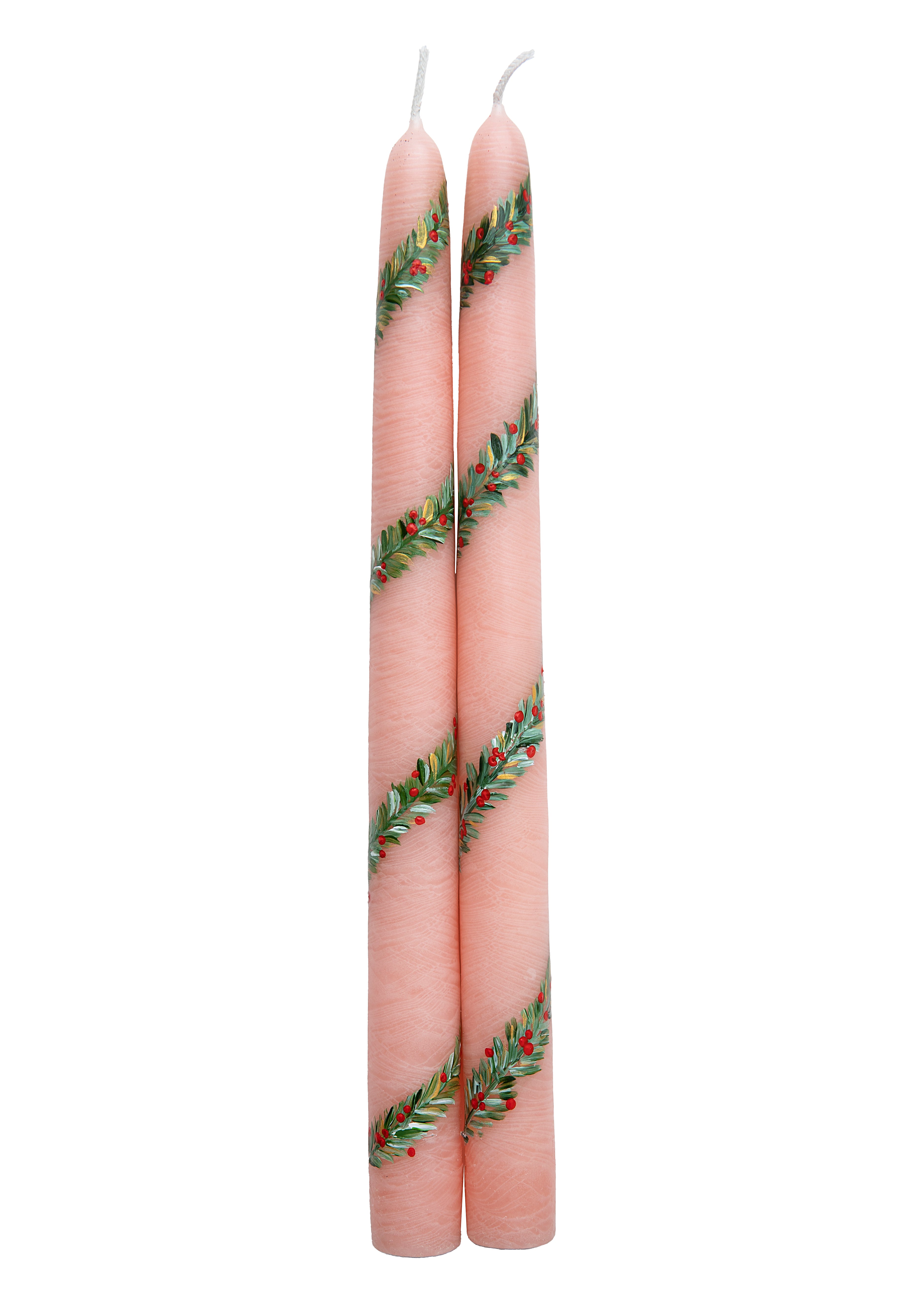 Pink Garland and Berry Hand-Painted Taper Candles, Set of Two