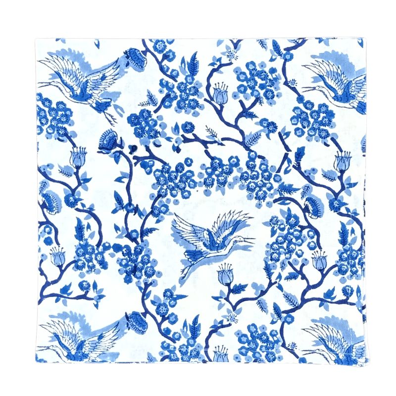 Toile de Jouy blue birds hand block printed napkin in cotton