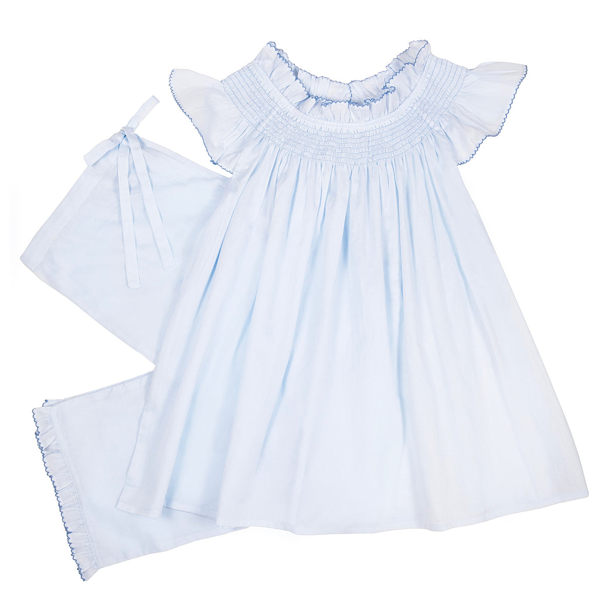 Flat lay of blue Katy Long Cotton Pajamas with smocked neckline, flutter sleeves, and scalloped embroidery