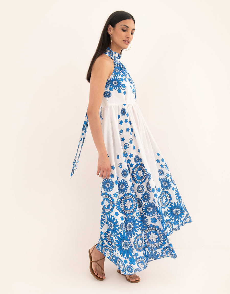 Stella Linen Maxi Dress in Space Flower Blue