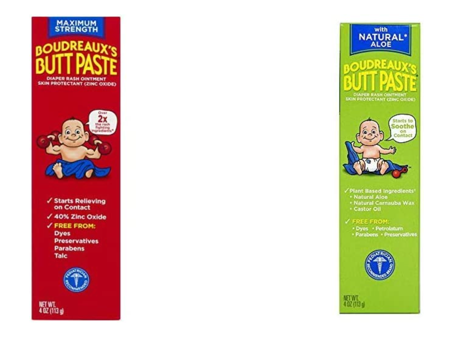 Boudreaux's Butt Paste Diaper Rash Ointment Variety Pack (1-4 oz Maximum Strength, 1-4 oz Natural Aloe)
