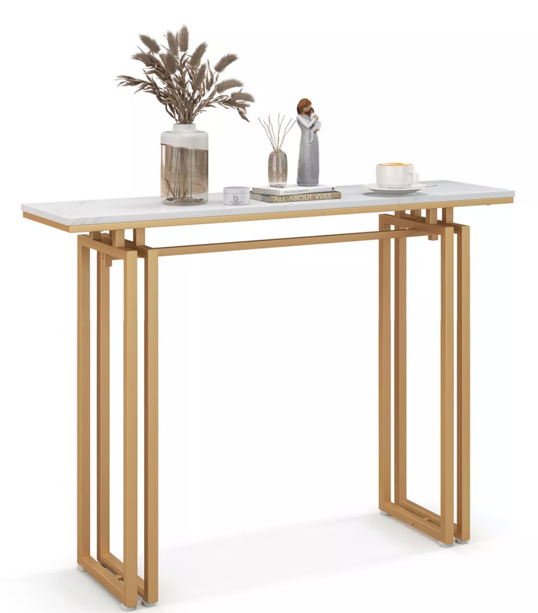 Costway 43.5'' Console Table Faux Marble Entryway Sofa Table with Metal Legs Living Room Black/Gold