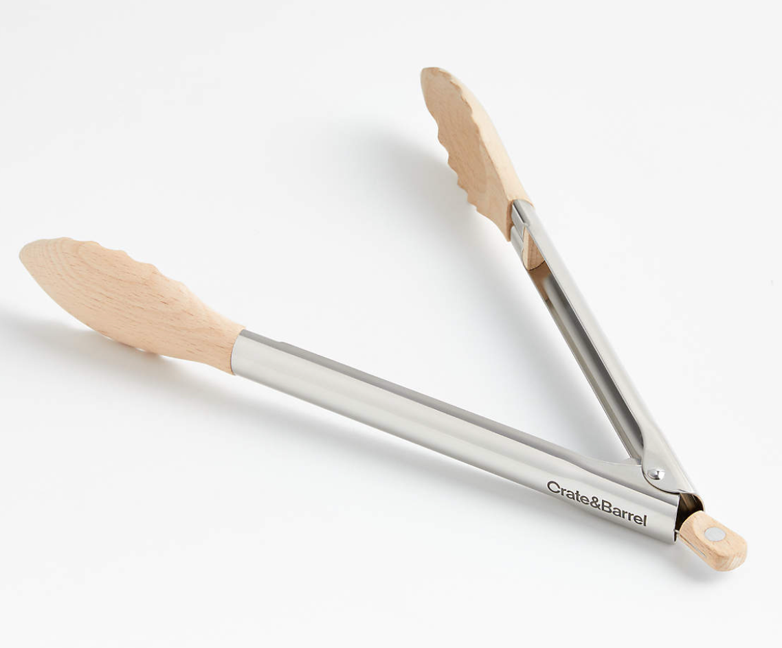 Crate & Barrel Beechwood and Stainless Steel Serving Tongs 12"
