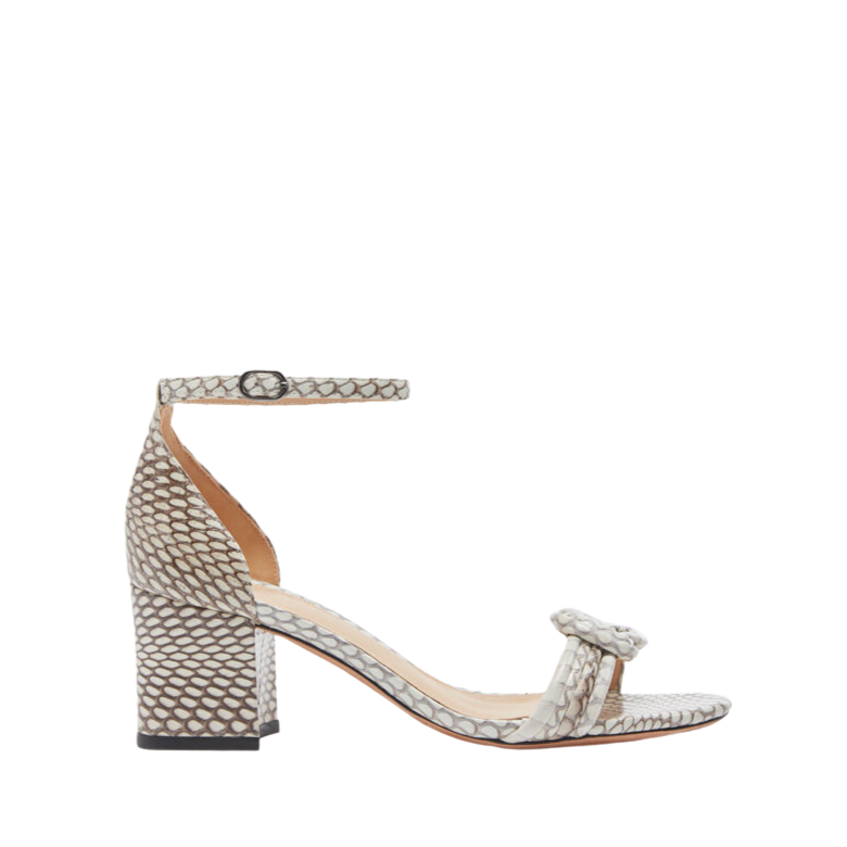 Side view of Vicky 60 in Leather sandal showcasing patterned leather, ankle buckle, open toe, and 2.3-inch block heel