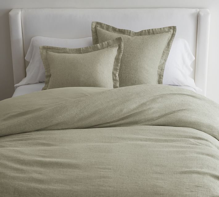 Belgian Flax Linen Waffle Duvet Cover - Cal King, Eucalyptus Color