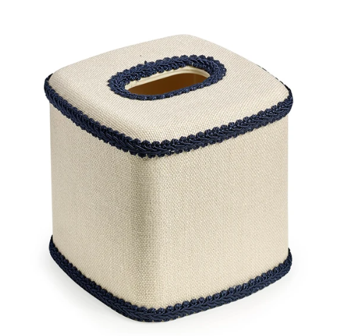 Bone Linen & Navy Tissue Box Cover