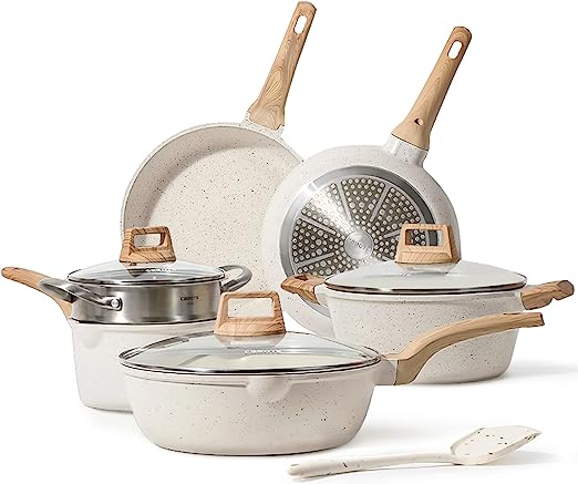 CAROTE Pots and Pans Set Nonstick, White Granite Induction Kitchen Cookware Sets, 10 Pcs Non Stick Cooking Set w/Frying Pans & Saucepans(PFOS, PFOA Free)