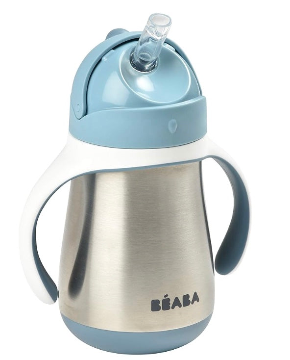 Beaba Stainless Steel Straw Sippy Cup, Sippy Cup with Removable Handles, Sippy Cup with Straw, 8+ months, 8.5 oz (Rain)