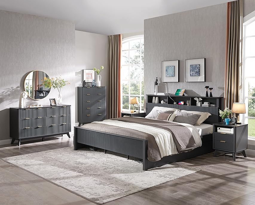 T4TREAM Makeup Vanity Desk with 36" HD Lighted Mirror, 48" Big Modern Vanity Desk with Mirror and Lights, Dressing Table with 5 Drawers & Shelves, Glass Top for Bedroom (Natural Oak)