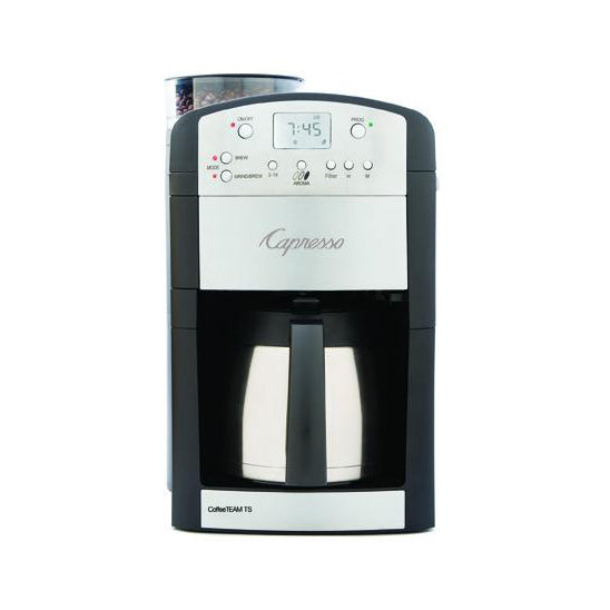 Front view of Capresso CoffeeTEAM TS coffee maker showcasing 10-cup stainless steel thermal carafe on white background