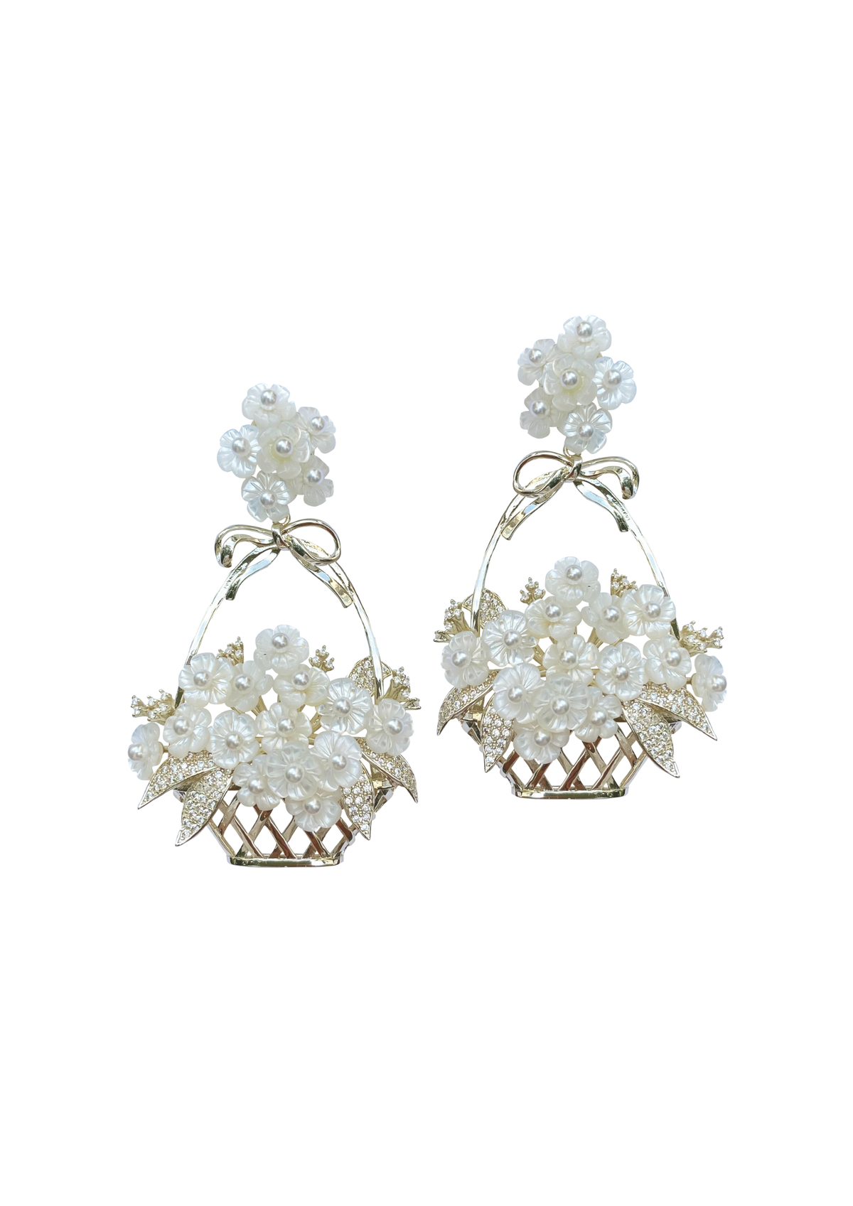 Front view of Pearly Mother of Pearl Flower Basket Earring showcasing white floral clusters, bows, and basket details on a white background