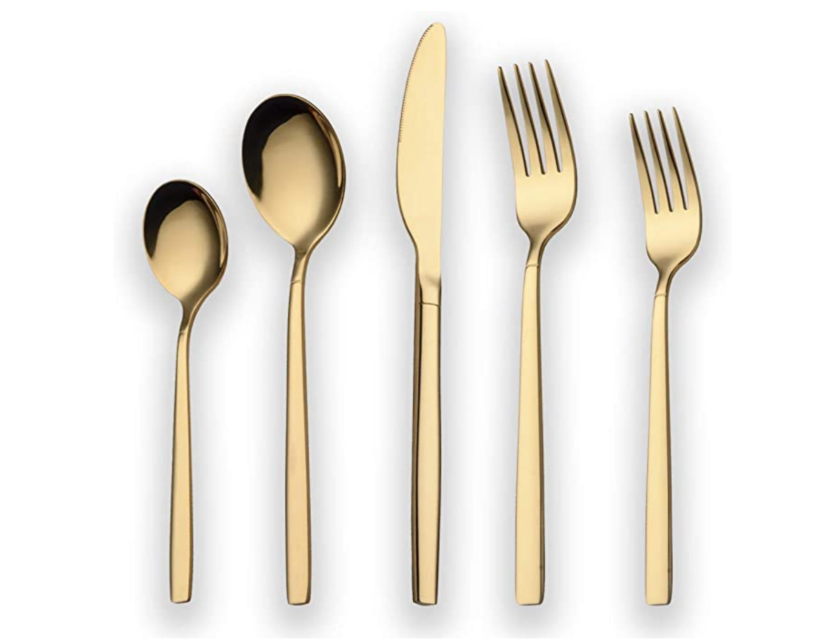 Berglander 20 Piece Titanium Gold Plated Stainless Steel Flatware Set, 20 Pieces Golden Silverware Set, Golden Cutlery Set, Service for 4 (shiny Gold)