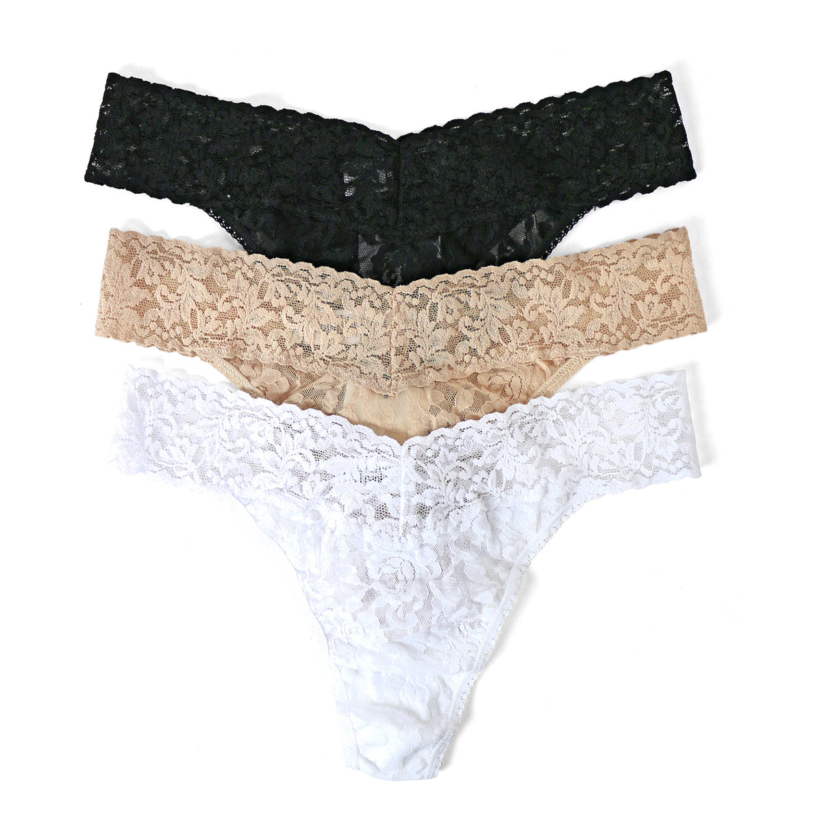 Front view of Signature Lace 3-Pack Original Rise Thong in black, white, and chai showcasing lace V-front waistbands