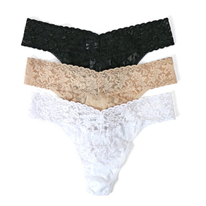 Signature Lace 3-Pack Original Rise Thong in Black, White, and Chai