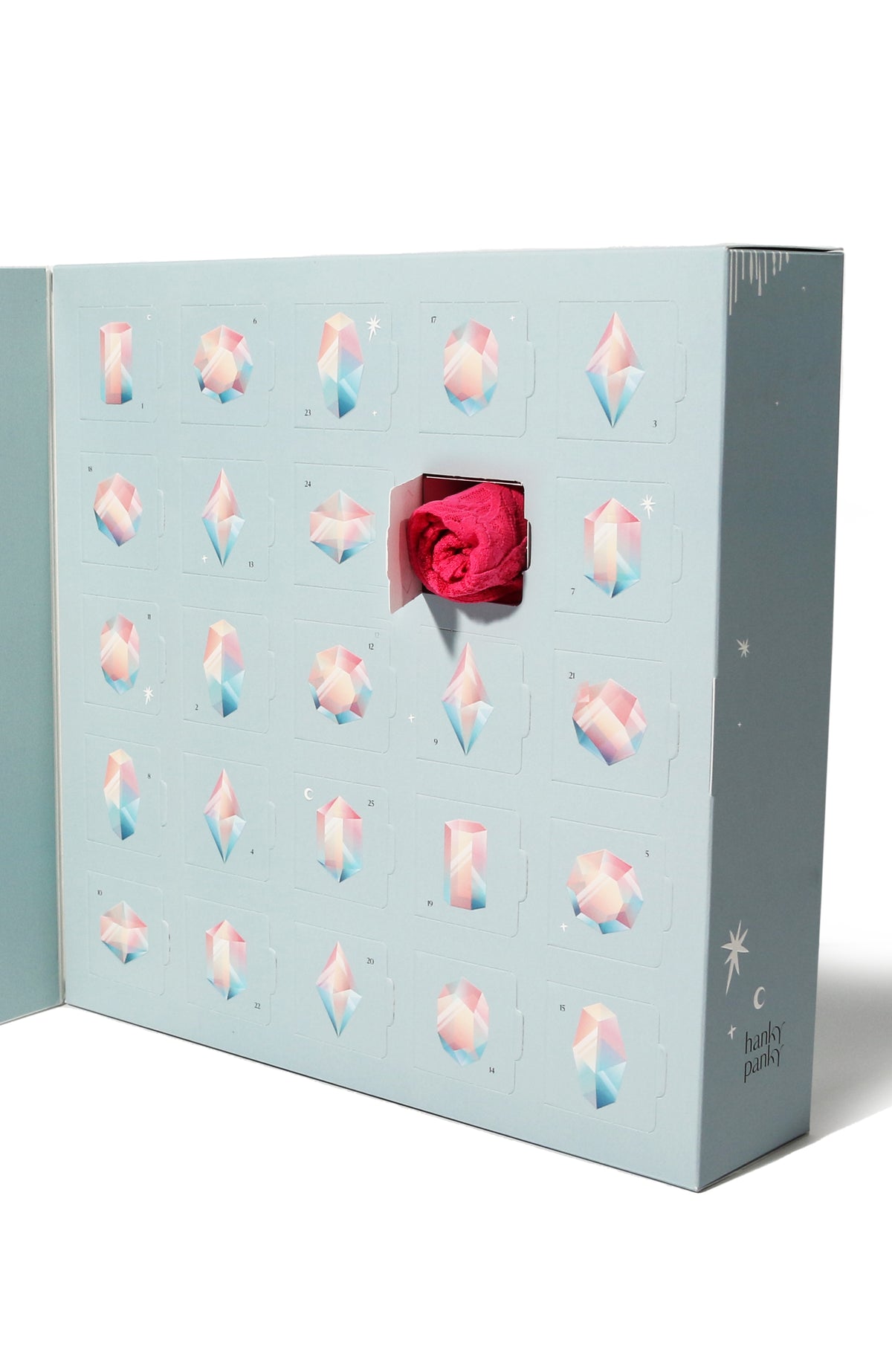 Front view of 25 Original Rise Thong Advent Calendar showcasing an open door with pink lace thong and pastel gemstone design