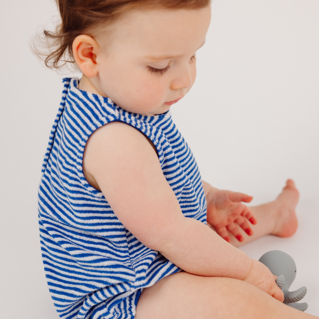 baby boys cove blue stripe french terry bubble romper minnow