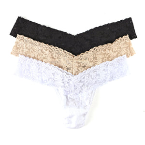 Signature Lace 3-Pack Low Rise Thong in Black, White, and Chai