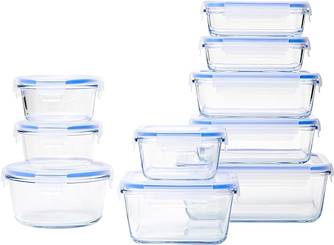 Basics 20-Piece Glass Food Storage Containers, 10 Count of Bases and Plastic Lids, Transparent, Blue