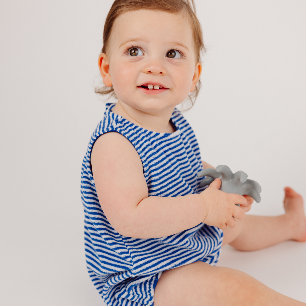 Baby Boy Cove Blue Stripe French Terry Bubble Romper