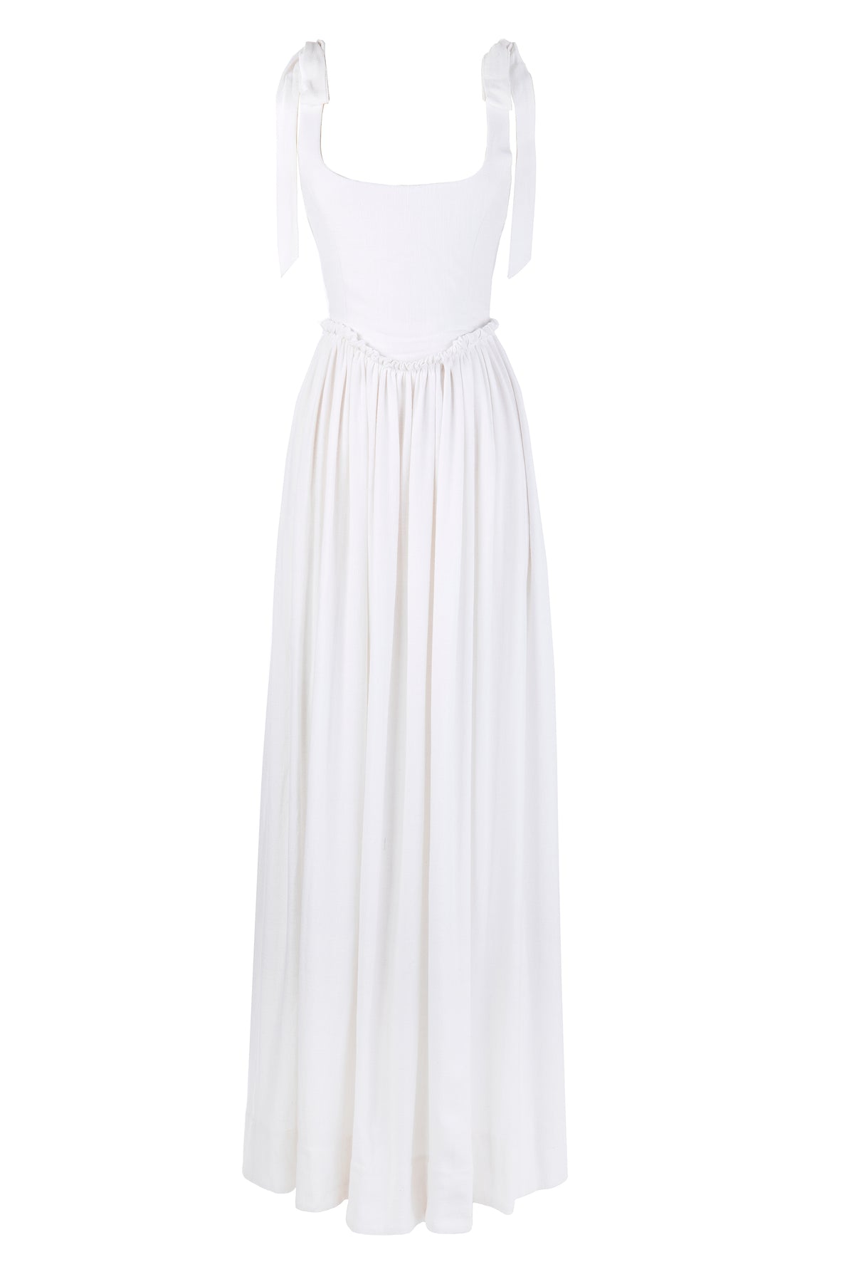 Front view of The Marie Dress in White showcasing shoulder ties and a gathered skirt on a white background