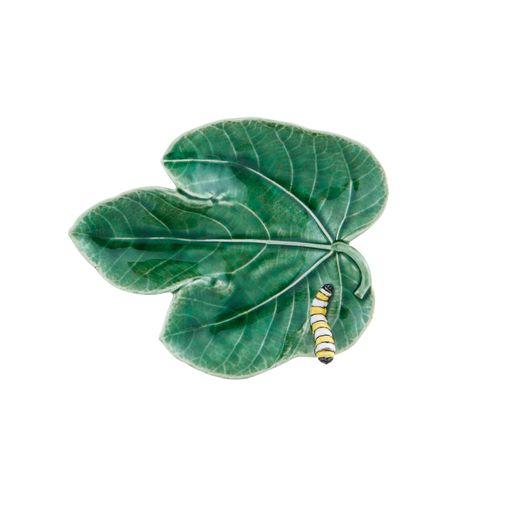 Top view of Countryside Leaves Fig Leaf with Caterpillar showcasing green leaf texture and caterpillar detail on a white background