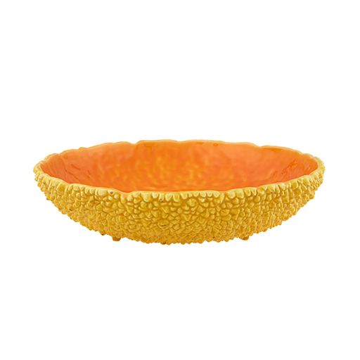 Side profile of Amazonia 14-inch fruit bowl showing textured yellow exterior and glossy orange interior on white background