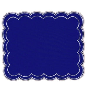 Luxury embroidered royal blue placemat and napkin with two rows of white dotted rows scalloped . 