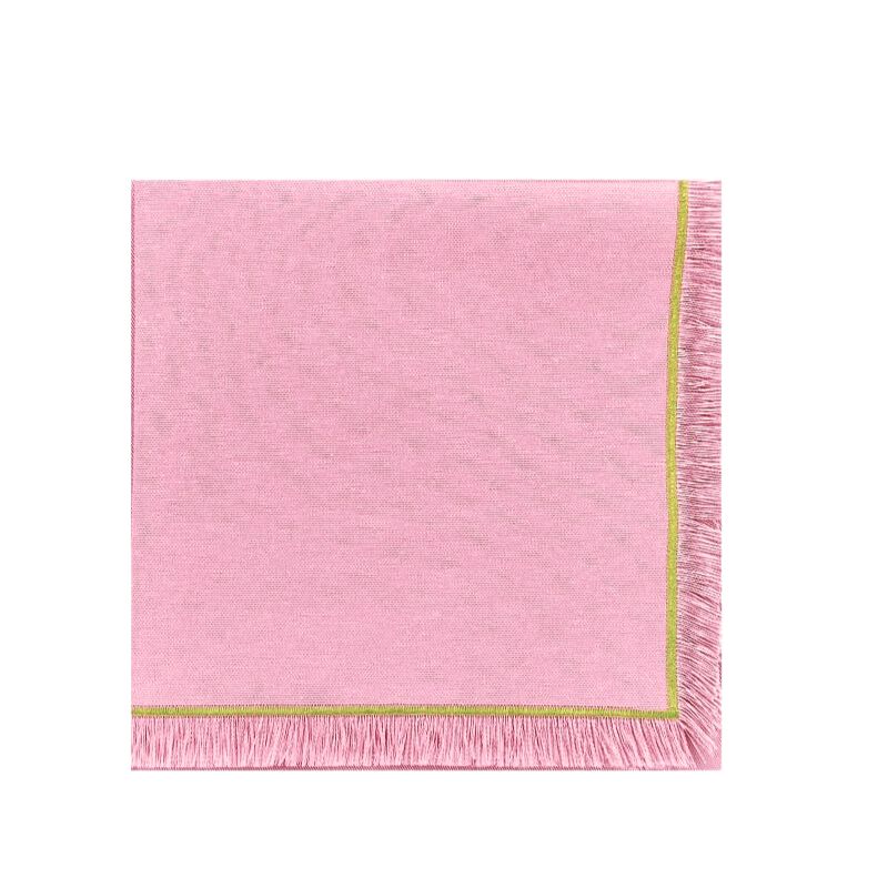 pink luxury napkin with green embroidery and pink fringe, by Flying Sheep Country.