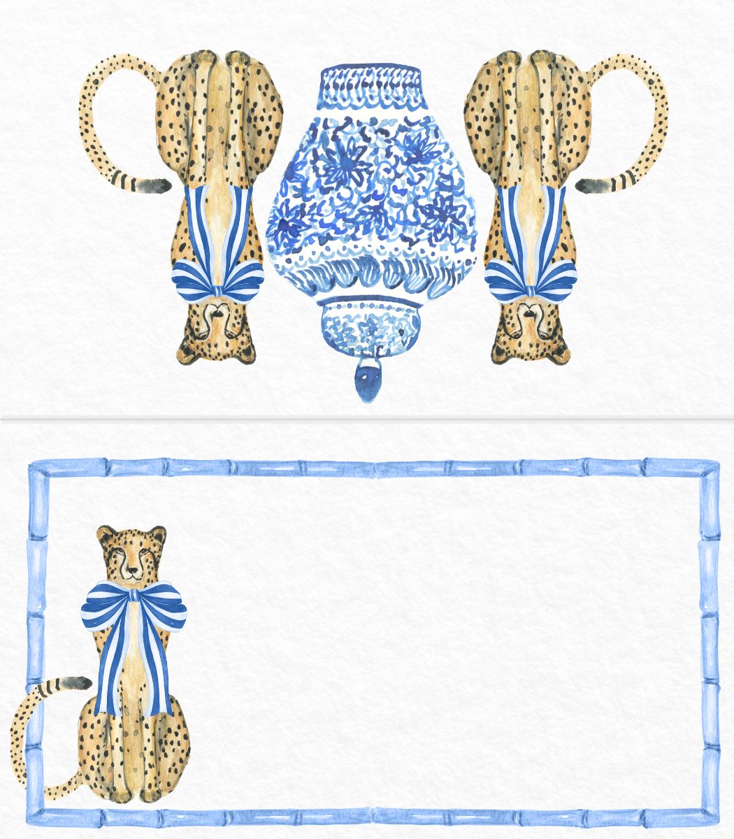 Cheetah Place Card with blue bows, bamboo frame and ginger jar