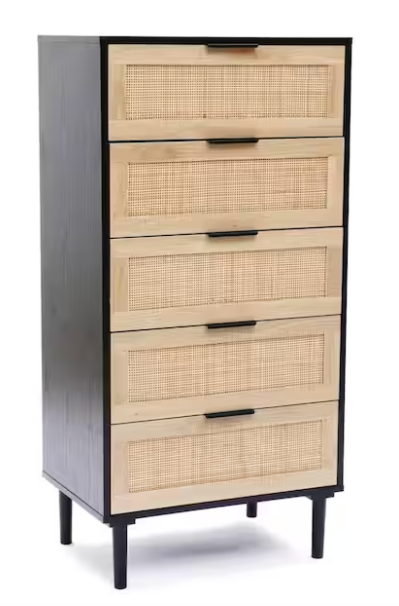 5-Drawer Black and Natural Wood Chest of Drawers