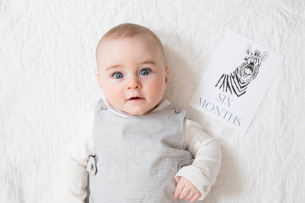 Baby lying on a white quilt next to a milestone card reading ‘Six Months’ with a zebra illustration