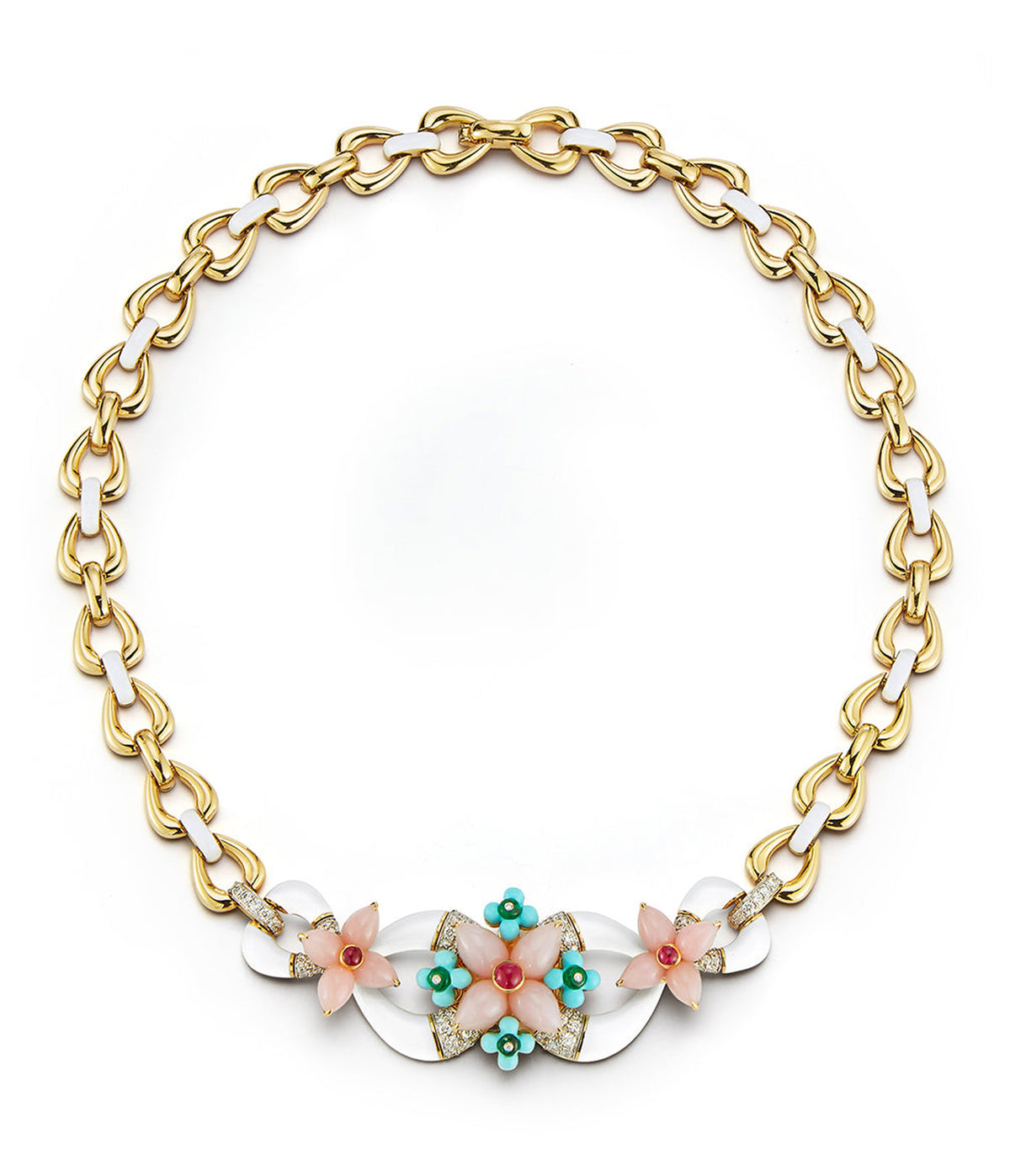 Asheville Necklace in White Enamel, Pink Opal, and Diamonds