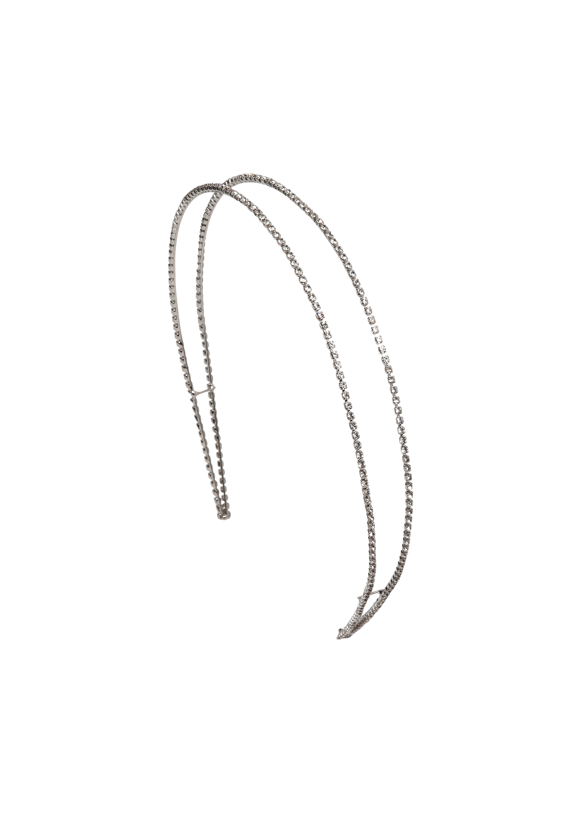 Angled view of Evie Headband showcasing dual rows of Swarovski crystals on a silver band against a transparent background