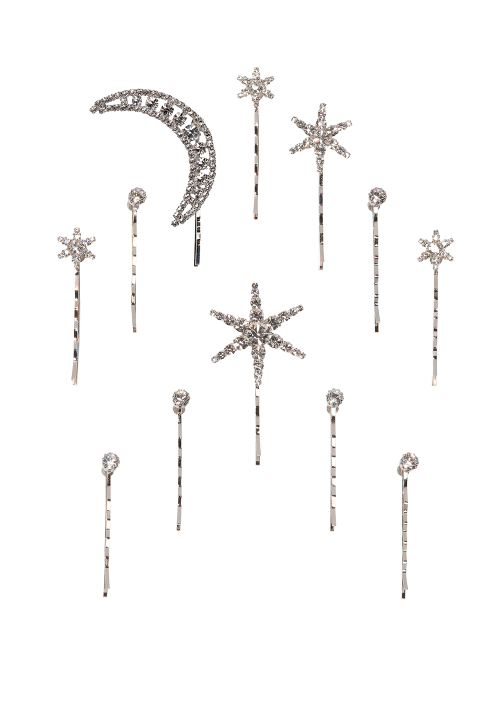 Top view of Supernova bobby pin set showing 12 Swarovski crystal hairpins in star, moon, and round shapes on transparent background