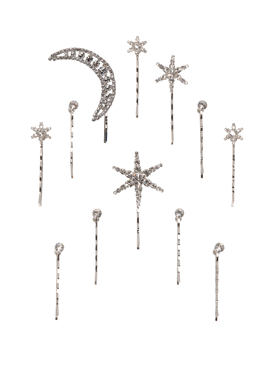 Top view of Supernova bobby pin set showing 12 Swarovski crystal hairpins in star, moon, and round shapes on transparent background