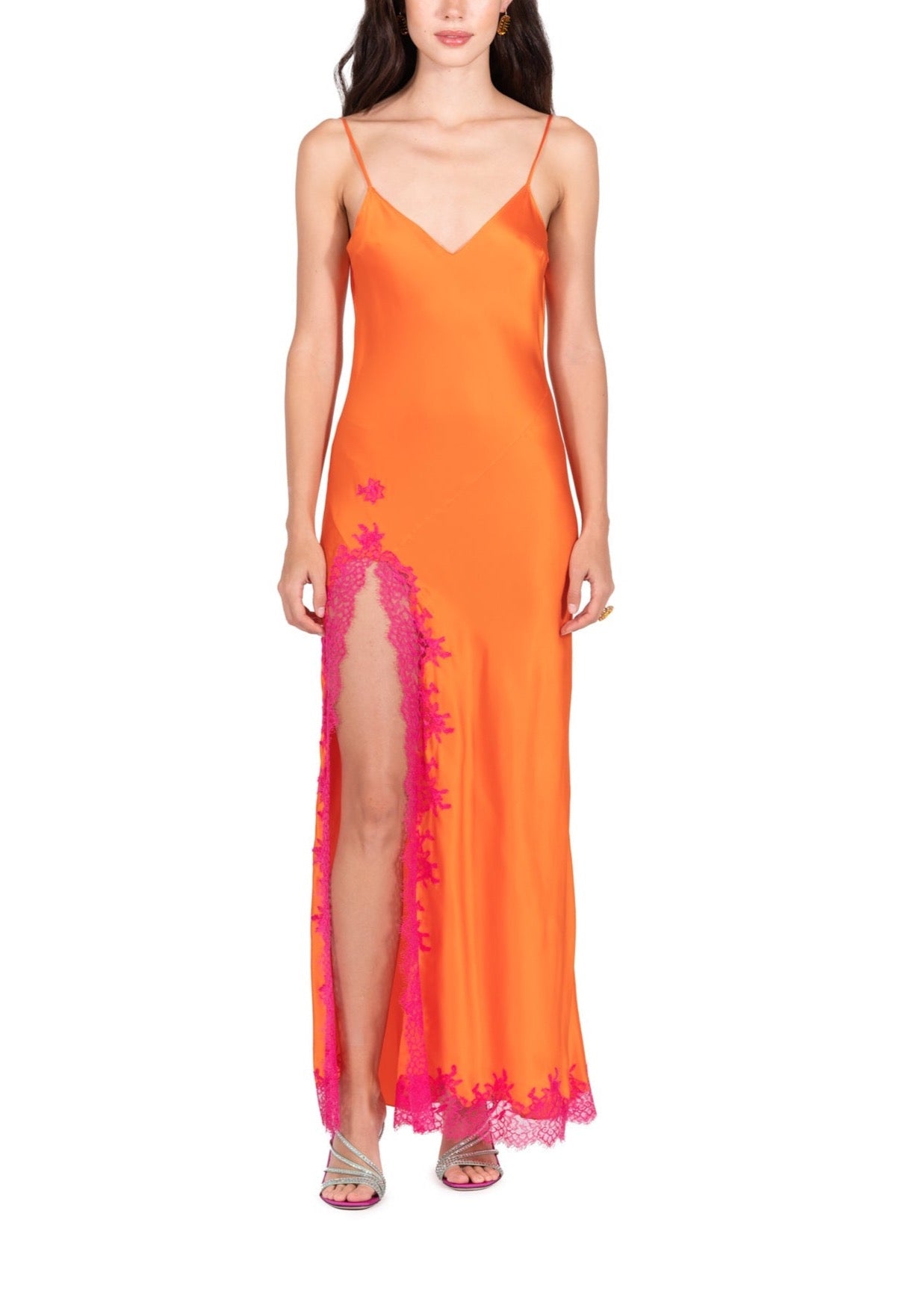 Midi Slip Dress with Slit in Tangerine