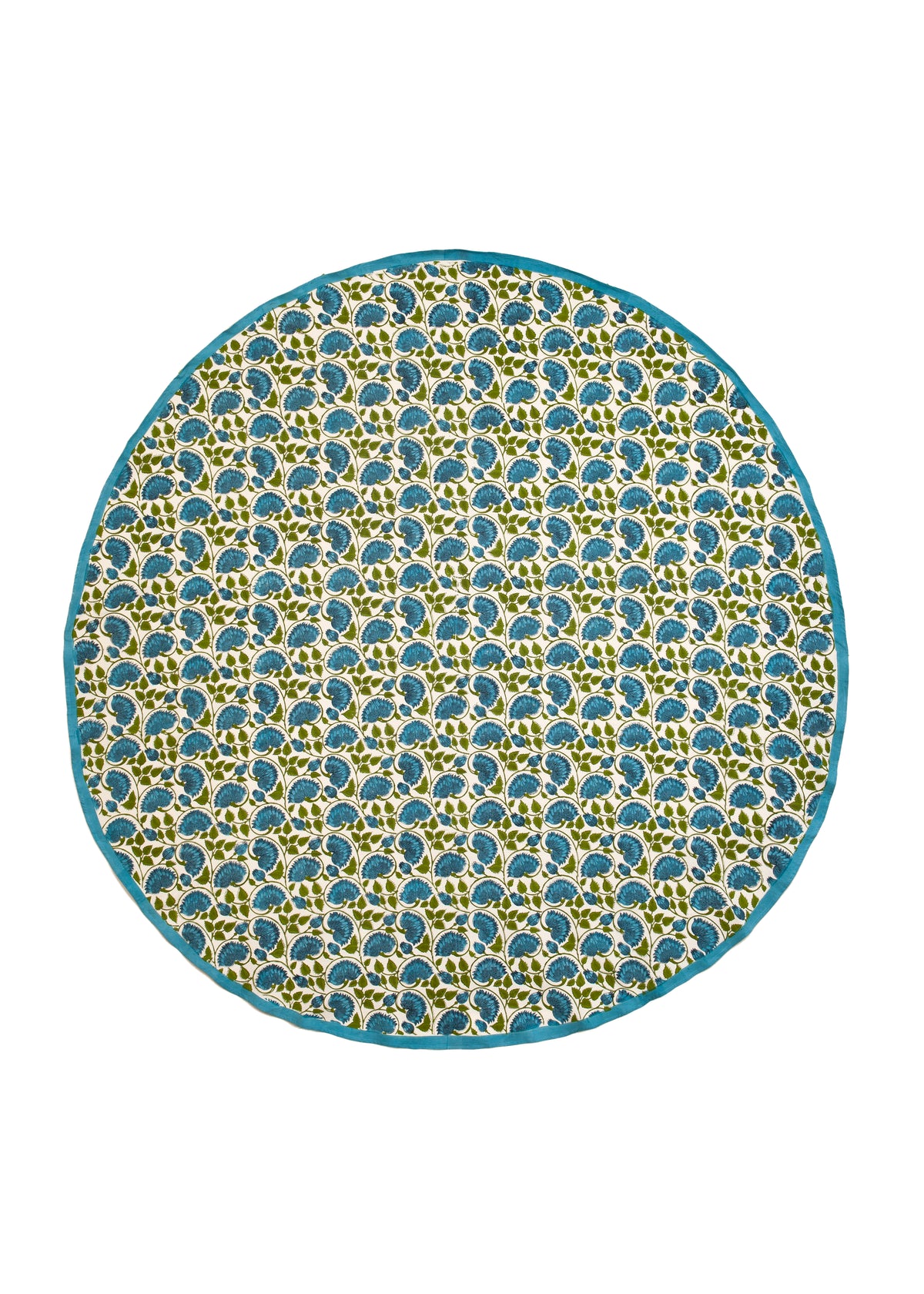 Block Print Round Tablecloth in Blue and Green 108"