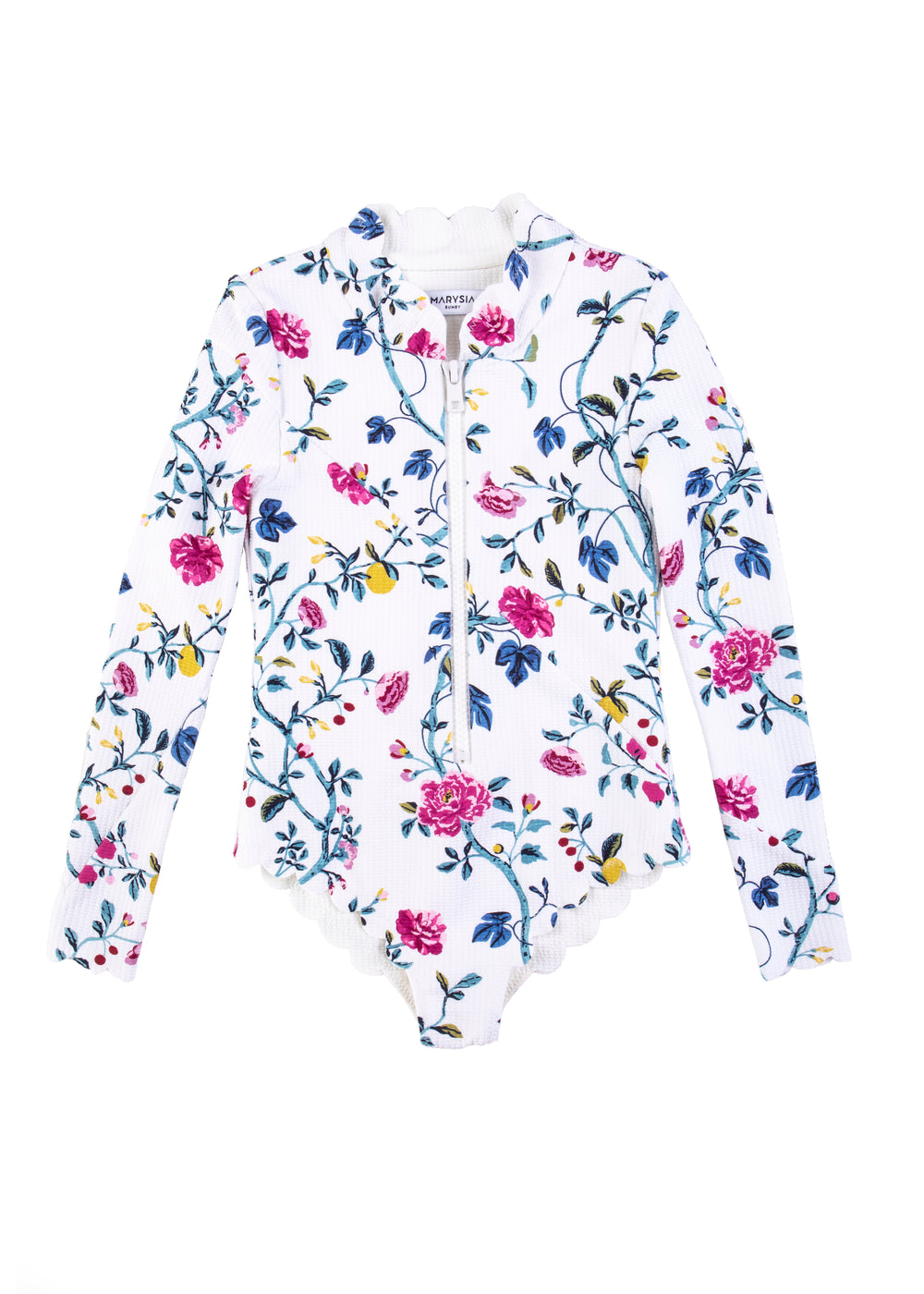 Front view of Bumby North Sea Rashguard in White Floral showcasing long sleeves, front zipper, and scalloped hem on white background