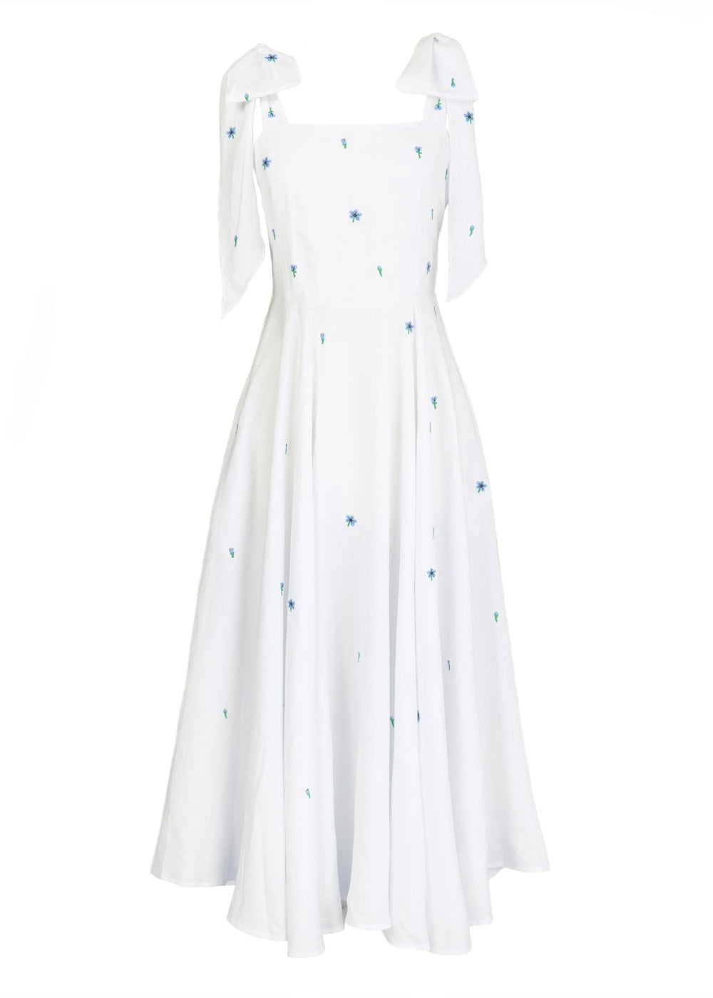 Front view of Sara Midi Dress showing square neckline, tied shoulder straps, blue floral embroidery on white background