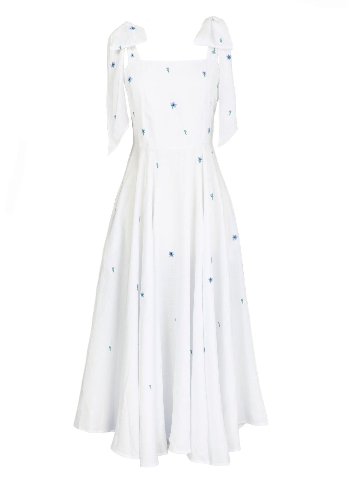 Front view of Sara Midi Dress showing square neckline, tied shoulder straps, blue floral embroidery on white background