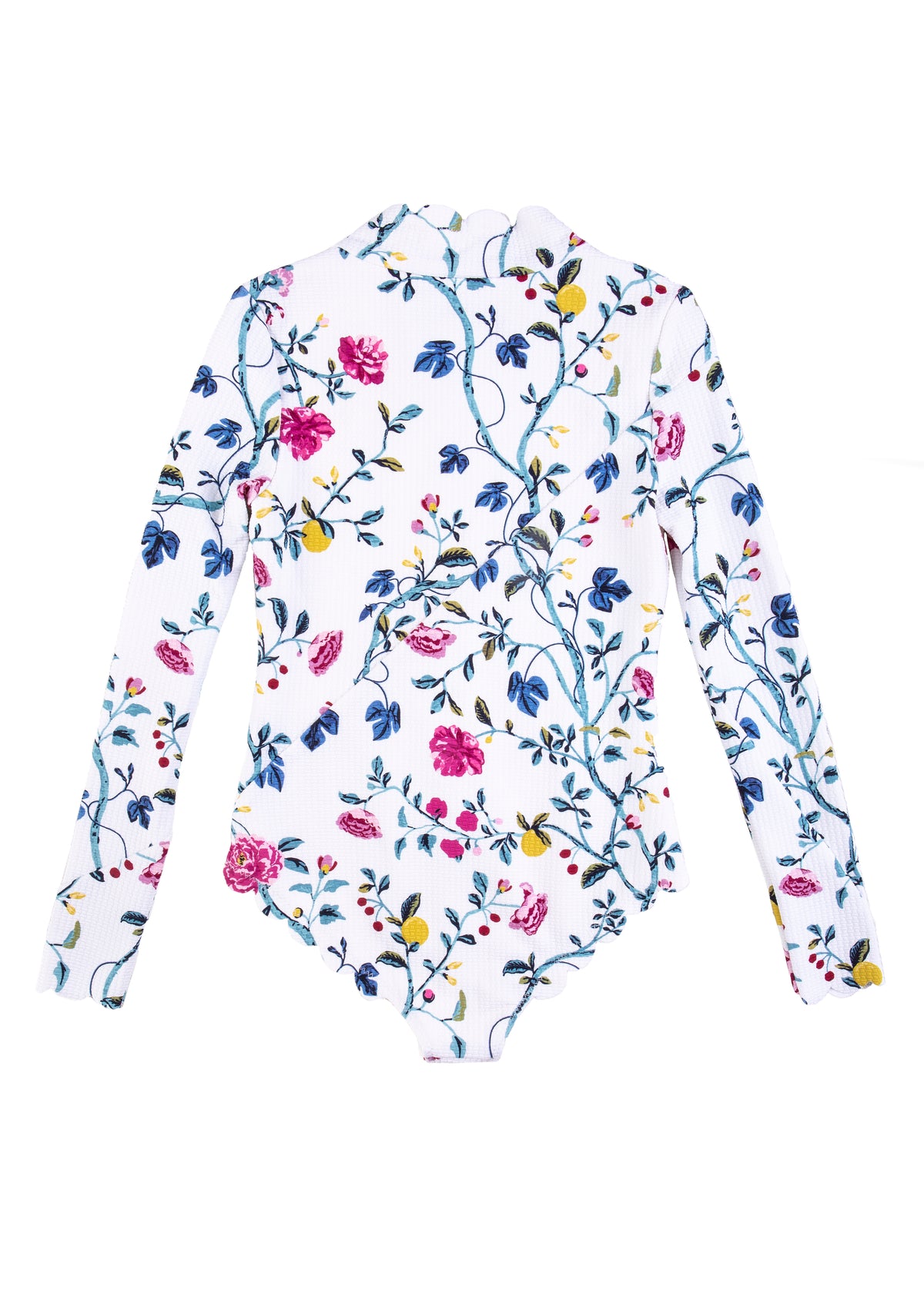 Back view of Bumby North Sea Rashguard in White Floral showcasing long sleeves and floral print on white background