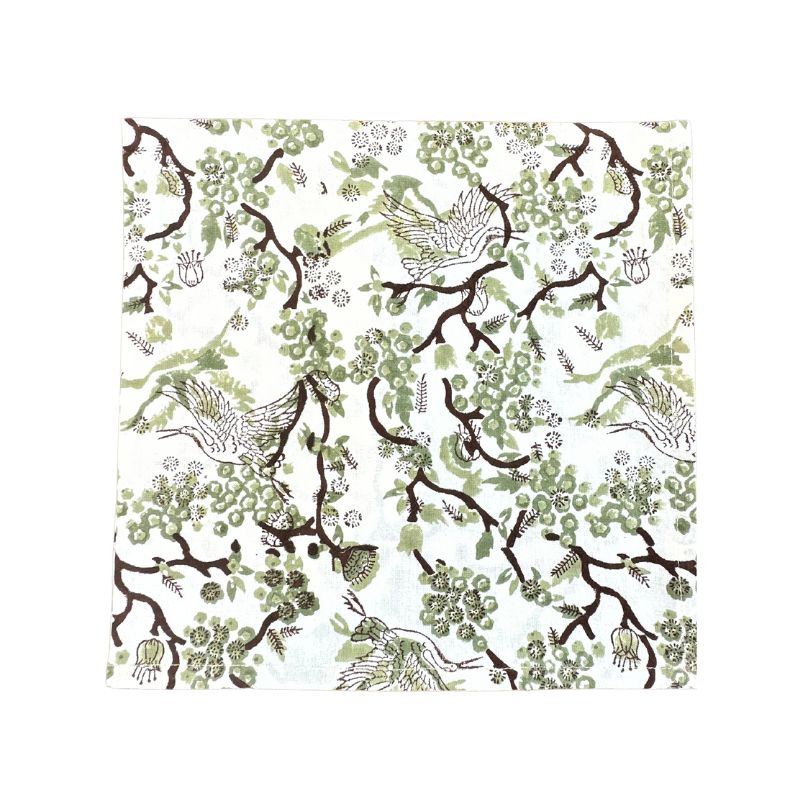 Front view of Toile de Jouy Birds Napkins in Sage showcasing sage-colored birds, blooms, and chestnut branches