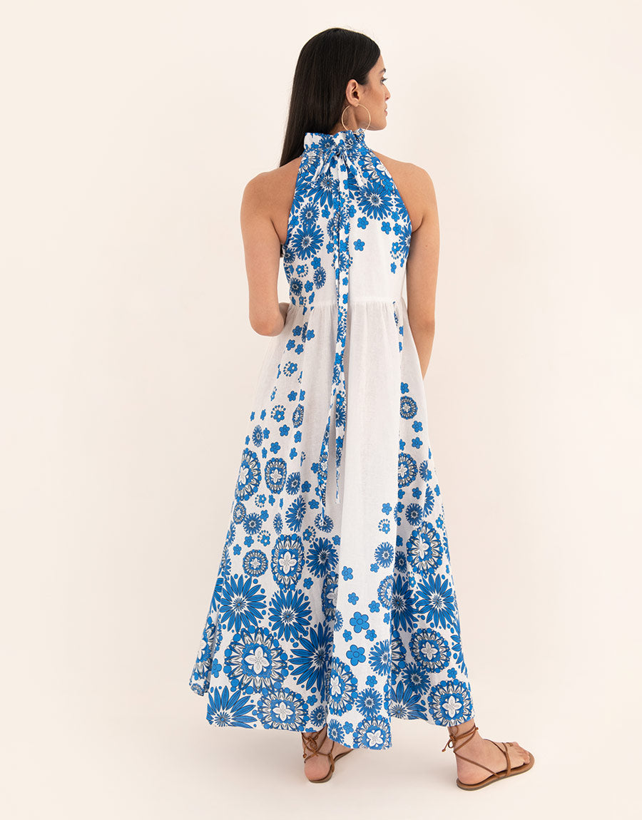 Stella Linen Maxi Dress in Space Flower Blue