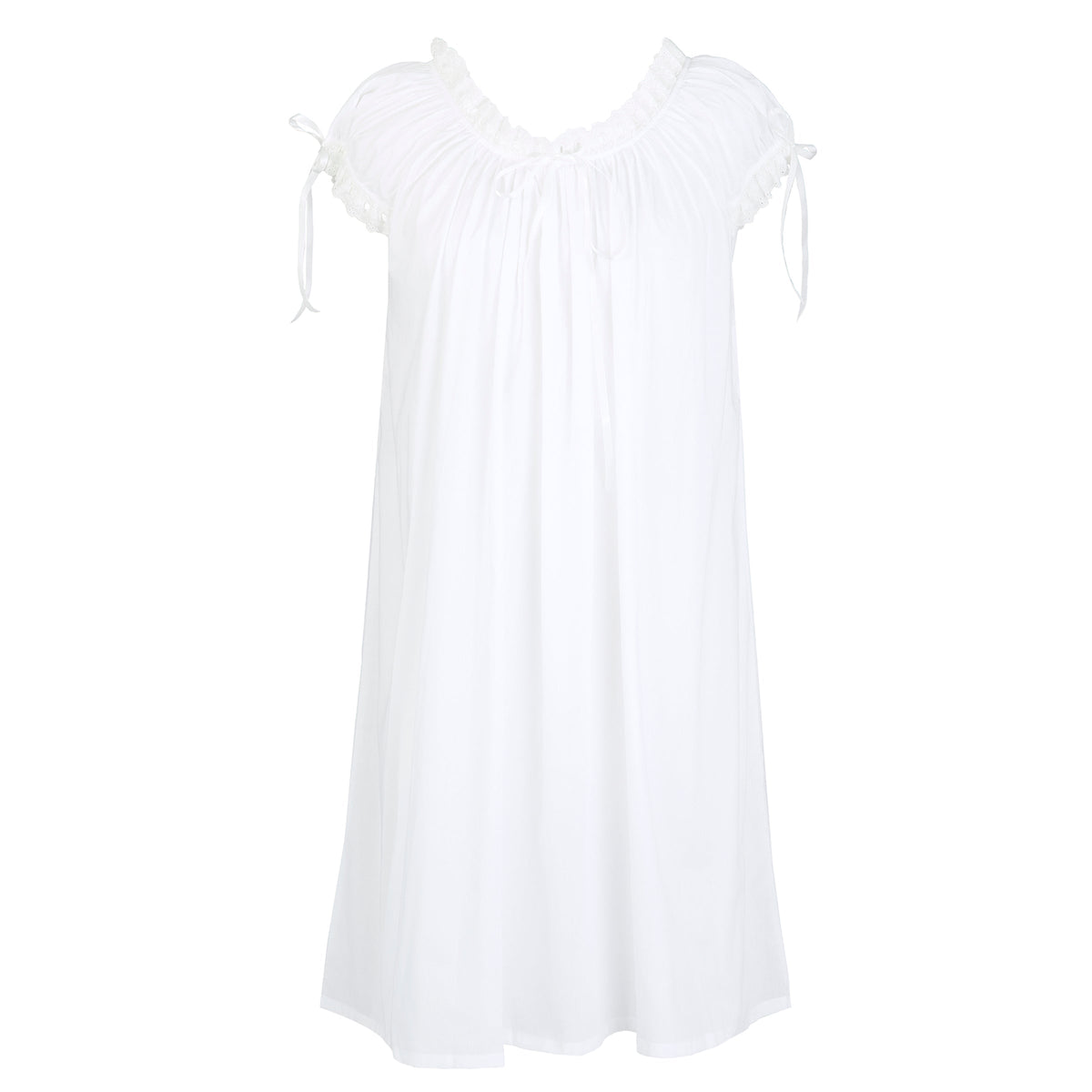 Front view of Ruthie Cotton Nightgown showcasing pleats, puffed sleeves, and lace neckline on white background