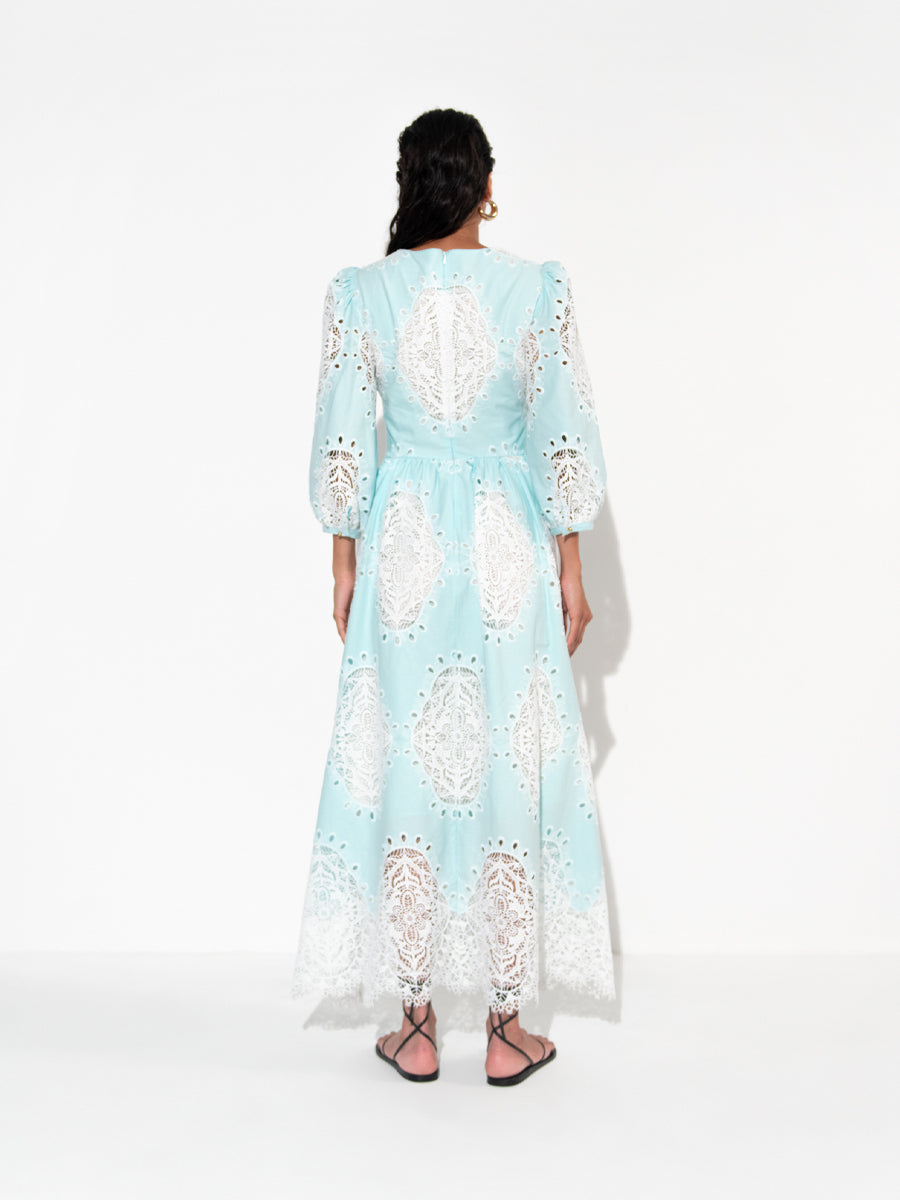Constance Twill Lace Midi Dress in Pale Blue