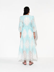 Constance Twill Lace Midi Dress in Pale Blue