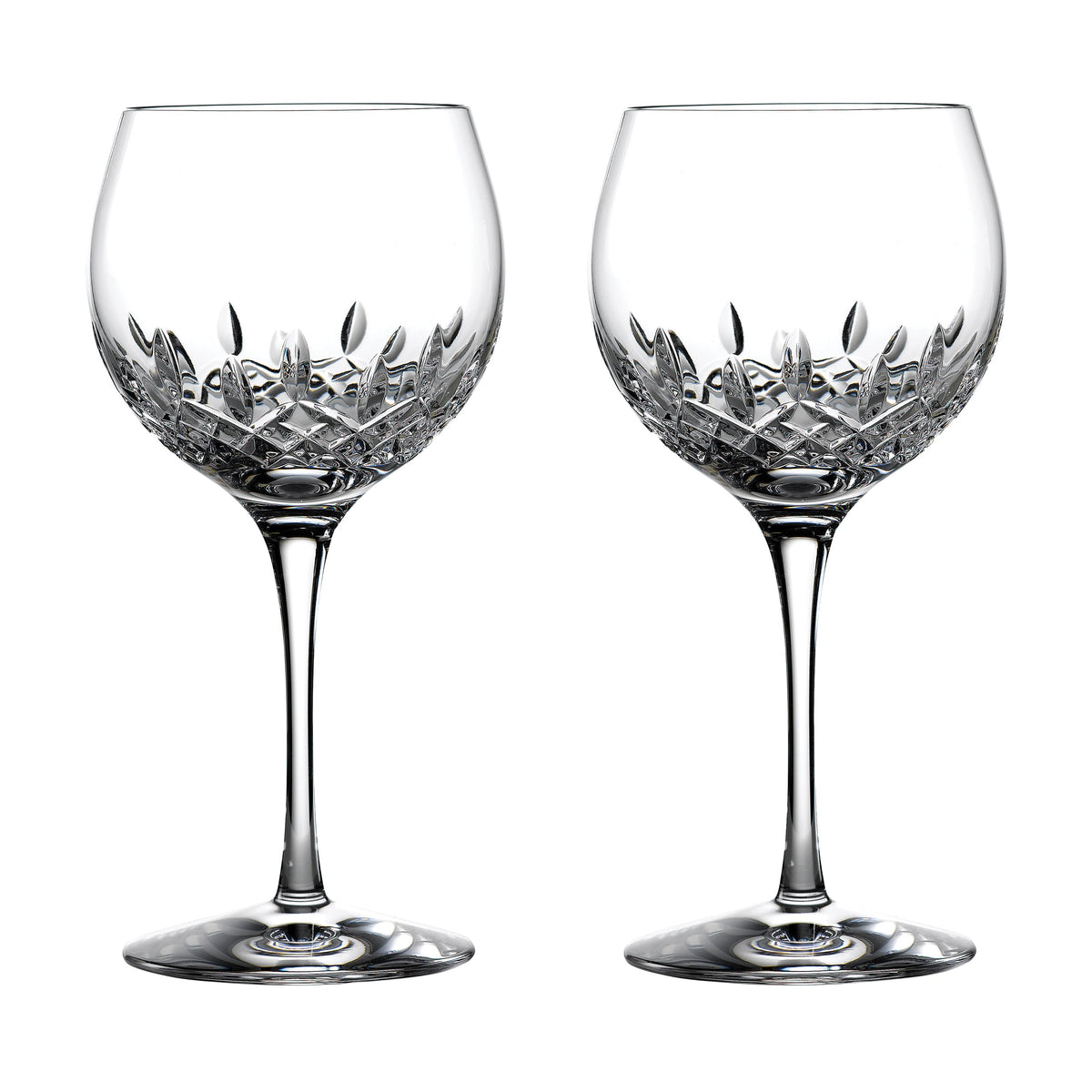 Front view of Lismore Essence Balloon Wine 18 oz glasses, set of 2, showcasing diamond and wedge cuts on a white background