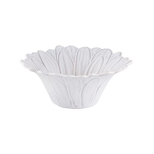 Three-quarter view of Maria Flor Daisy bowl showing scalloped petal rim and embossed daisy detailing on white background